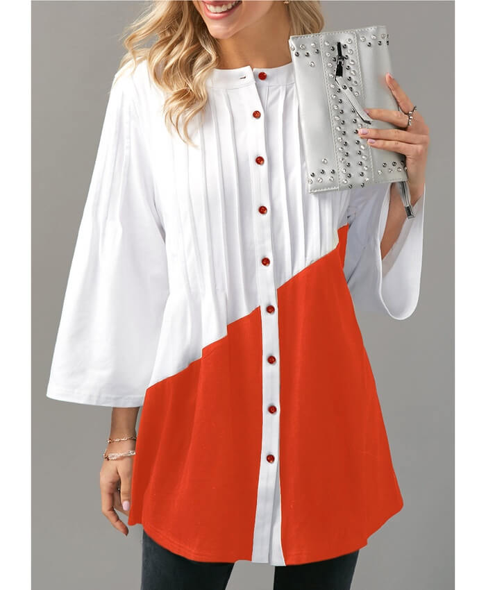 Orange Pleated Three Quarter Sleeve Button Up Blouse
